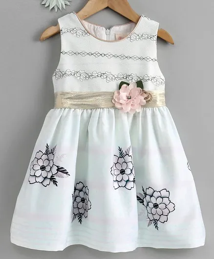 Smile Rabbit Sleeveless Frock Rose Print - White