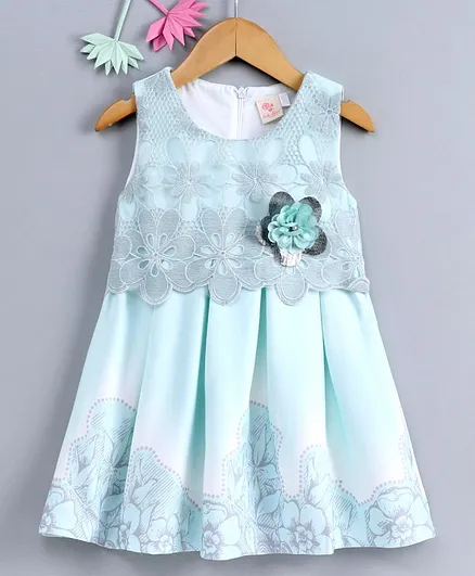Smile Rabbit Sleeveless Floral Frock - Sea Green