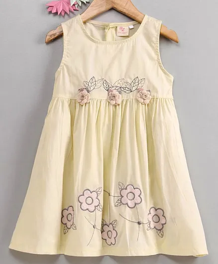 Smile Rabbit Sleeveless Frock Leaf Embroidered - Cream