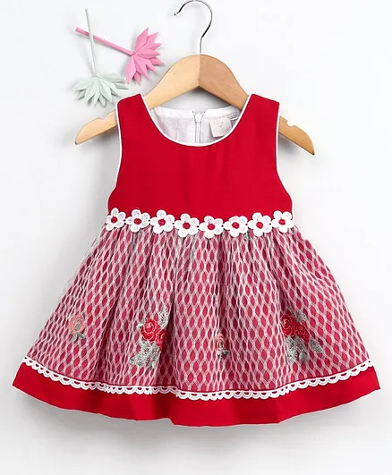 Smile Rabbit Sleeveless Frock Floral Lace & Embroidery - Red