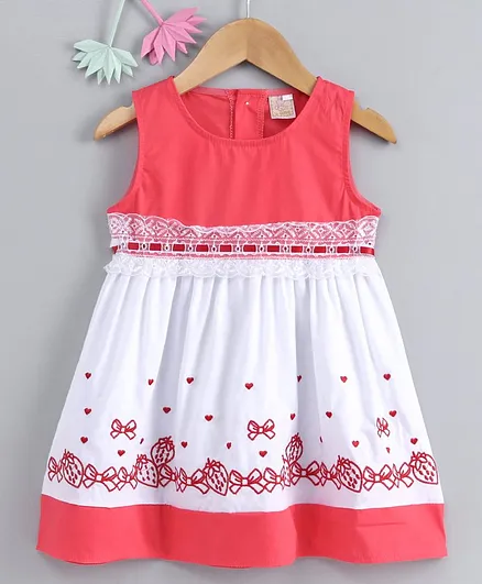 Smile Rabbit Sleeveless Frock Bow & Heart Embroidered - White Red