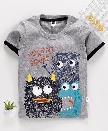 Teddy Half Sleeves Tee Monster Print - Grey