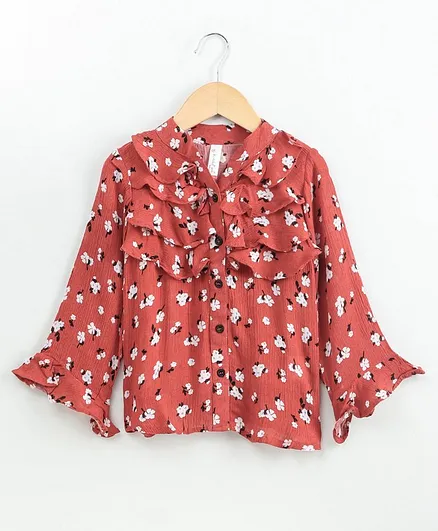 Kiddopanti Flower Print Full Sleeves Top - Red