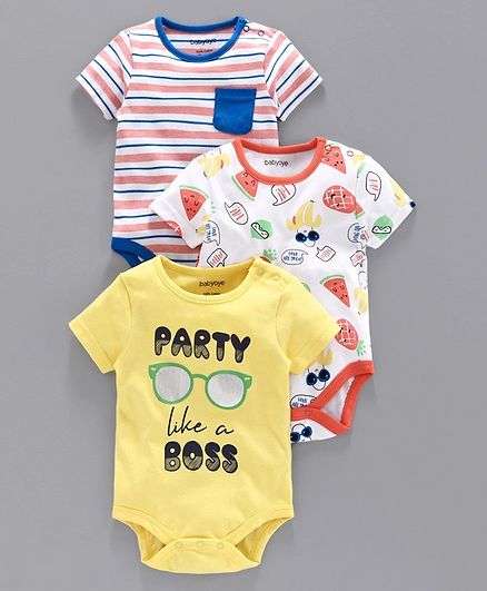 Babyoye Cotton Half Sleeves Onesies Multi Print Pack of 3 - Mulicolor