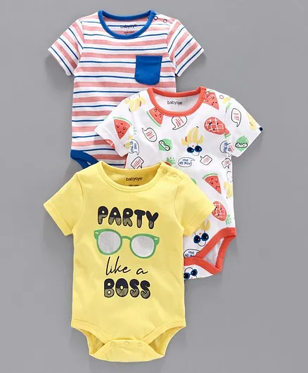 Babyoye Cotton Half Sleeves Onesies Multi Print Pack of 3 - Mulicolor