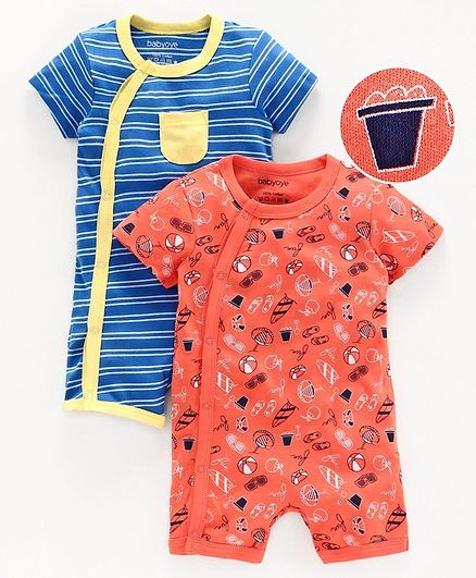 Babyoye Half Sleeves Romper Multi Print Pack of 2 - Orange Blue