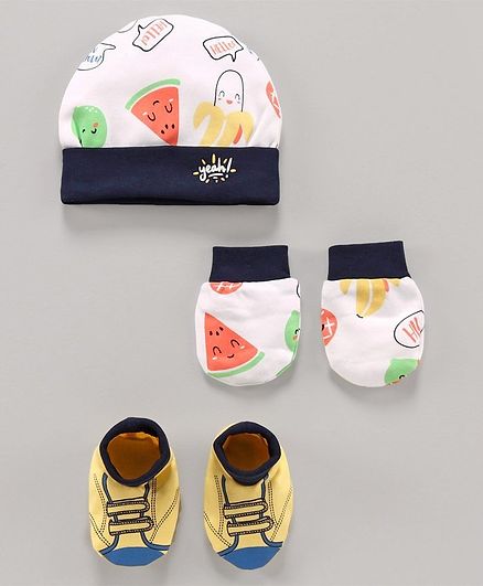 Babyoye Cotton Cap Mitten & Booties Set Fruits Print - White Yellow