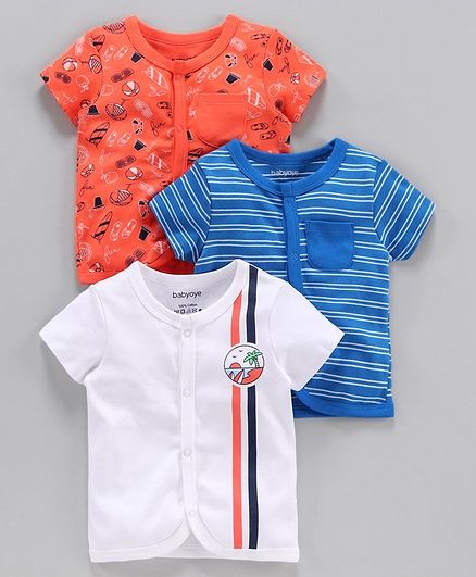 Babyoye Cotton Printed and Striped Short Sleeves Vest Pack of 3 - Blue White