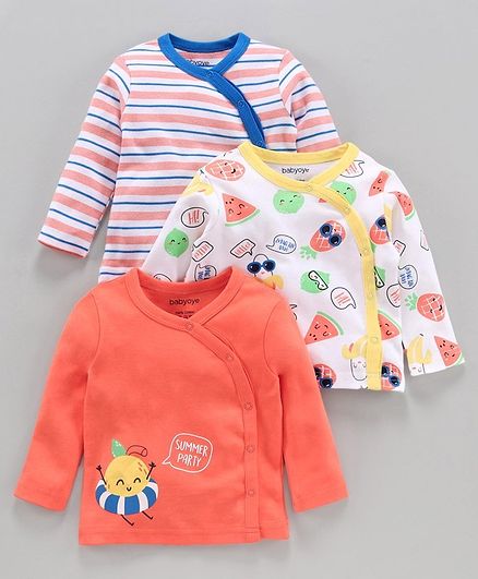 Babyoye Cotton Printed and Striped Full Sleeves Vest Pack of 3 - Orange White