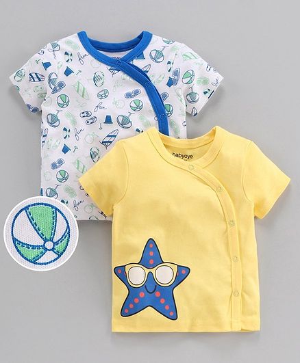 Babyoye Cotton Short Sleeves Vest Beach Print Pack of 2 - Blue Yellow