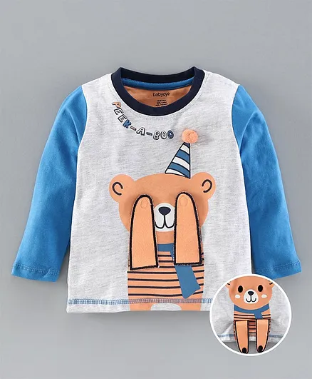 Babyoye Cotton Full Sleeves Tee Bear Design - Blue Light Grey