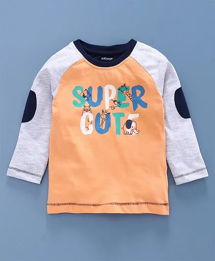 Babyoye Cotton Raglan Sleeves Tee Super Cute Print - Light Grey Orange