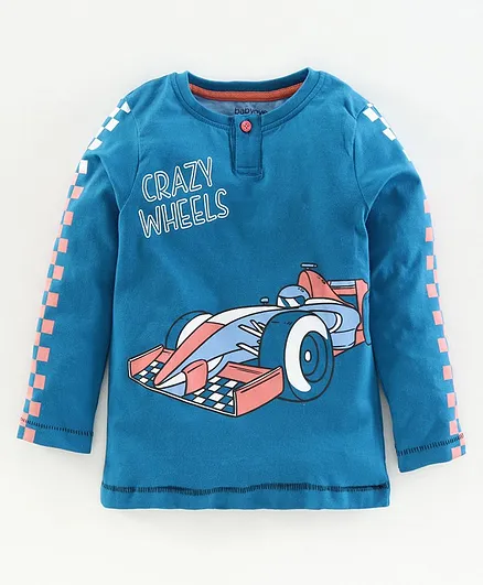 Babyoye Cotton Full Sleeves Henley Tee Crazy Wheel Print - Blue