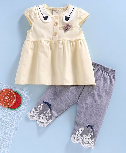 Kookie Kids Cap Sleeves Frock With Laced Leggings - Yellow Grey