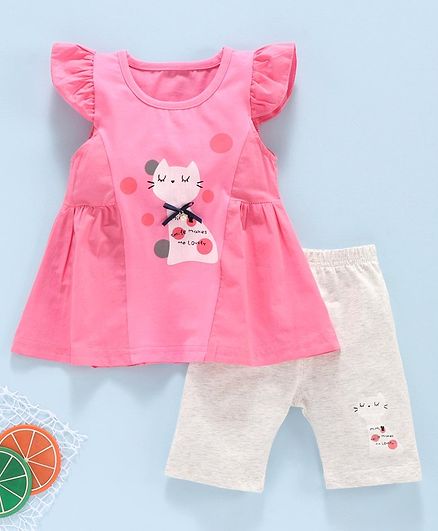 Kookie Kids Short Sleeves Frock With Leggings Kitty Print - Pink Off White