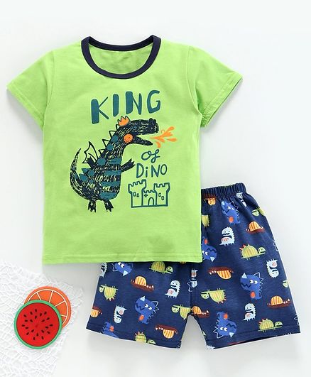 Kookie Kids Half Sleeves Night Suit King of Dino Print - Green