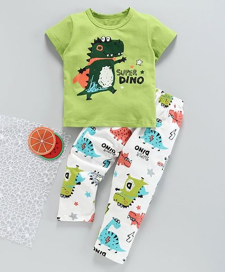 Kookie Kids Half Sleeves Night Suit Super Dino Print - Green White