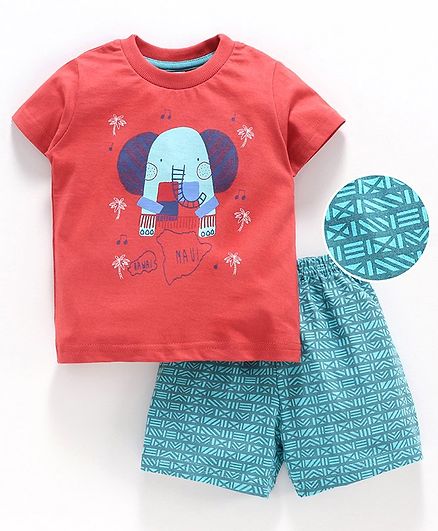 Zero Half Sleeves Tee And Shorts Elephant Print - Red