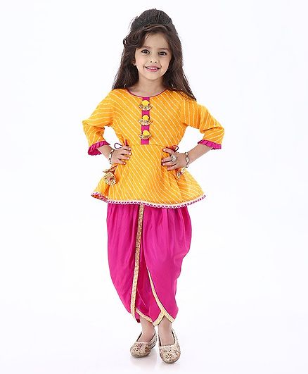 Babyoye Three Fourth Sleeves Cotton Kurti & Dhoti Set - Yellow