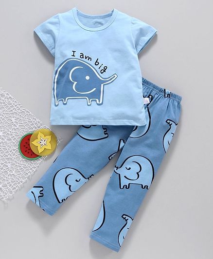 Kookie Kids Half Sleeves Night Suit Elephant Print - Blue