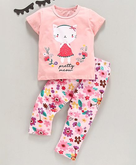 Kookie Kids Half Sleeves Night Suit Kitty Print - Pink