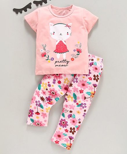 Kookie Kids Half Sleeves Night Suit Kitty Print - Pink