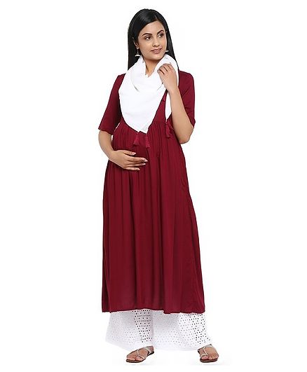 Wobbly Walk Half Sleeves Solid Maternity Kurta With Dupatta - Maroon