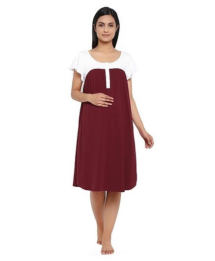 Wobbly Walk Short Sleeves Solid Colour Maternity Nighty - Maroon