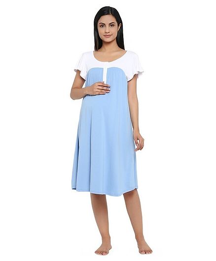 Wobbly Walk Short Sleeves Solid Colour Maternity Nighty - Light Blue