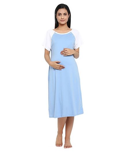 Wobbly Walk Raglan Half Sleeves Solid Maternity Nigty - Light Blue