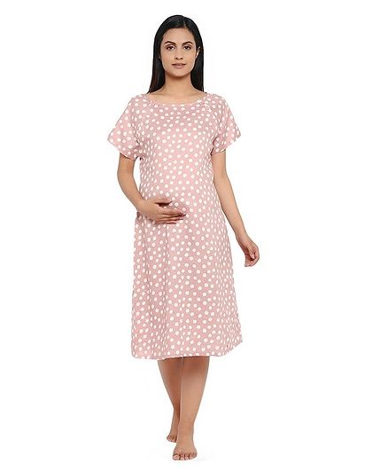 Wobbly Walk Half Sleeves Polka Dot Print Nursing Maternity Dress - Light Pink