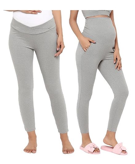 Wobbly Walk Pack of 2 Solid Full Length Over Belly & Under Belly Maternity Leggings - Grey