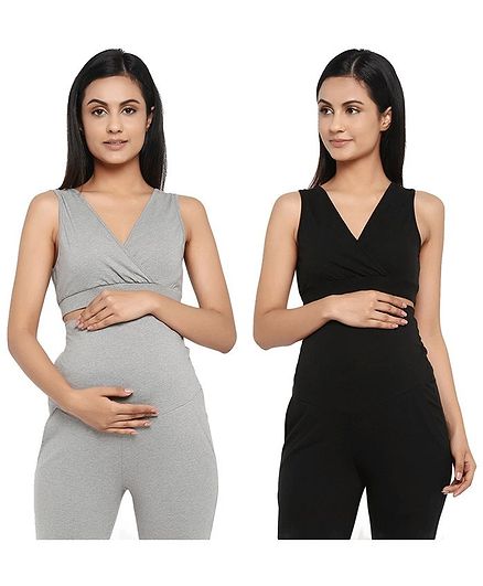 Wobbly Walk Pack of 2 Solid Colour Crossover Maternity Bra - Grey & Black