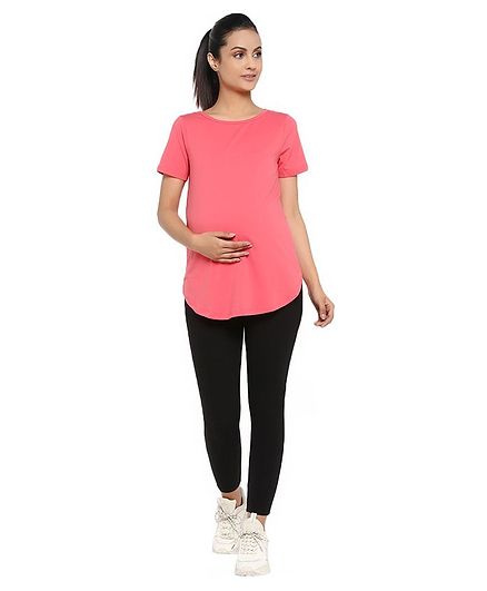 Wobbly Walk Half Sleeves Solid Maternity Tee & Leggings Set - Pink