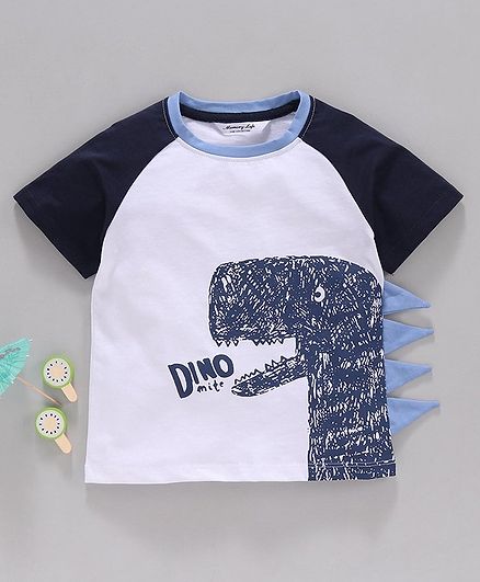 Memory Life Raglan Sleeves Tee Dino Print - White Navy Blue