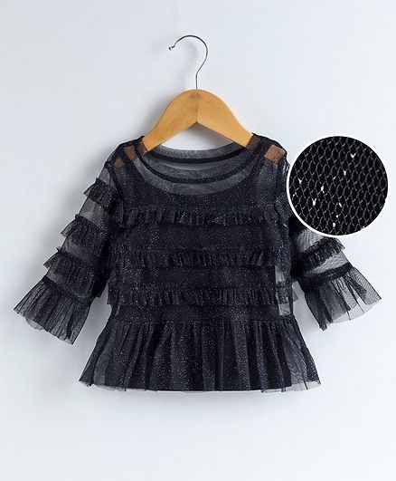 Babyoye Cotton Mix Party Wear Top Ruffle Detailing - Navy