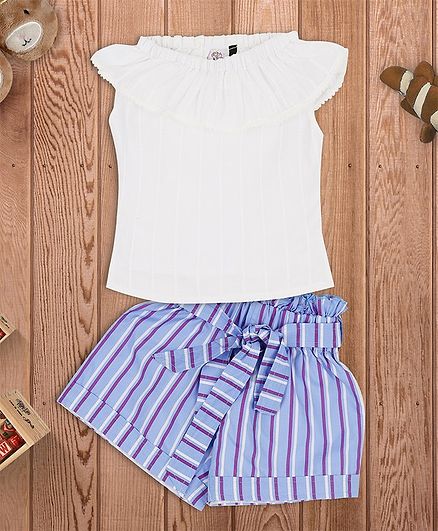 oui oui Ruffled Styled Neckline Cap Sleeves Top With Striped Shorts - White & Blue