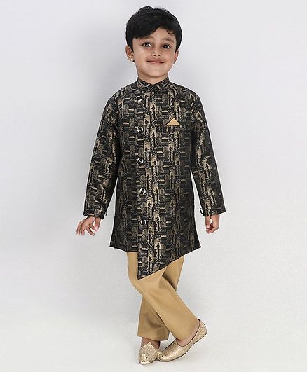 Knotty Kids Printed Full Sleeves Kurta With Pyjama - Golden & Black
