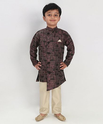 Knotty Kids Abstract Printed Full Sleeves Kurta With Pyjama - Brown
