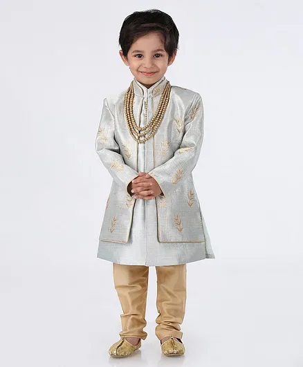 Ethnik's Neu Ron Full Sleeves Sherwani With Churidar Embroidered - Grey