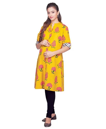 Kriti Half Sleeves Maternity Kurta Floral Print - Yellow