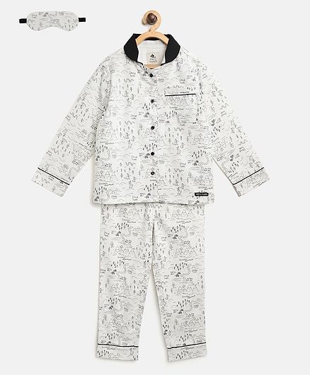 Cherry Crumble by Nitt Hyman Full Sleeves Scenic Nature Beauty Print Night Suit With Sleeping Eye Mask - White