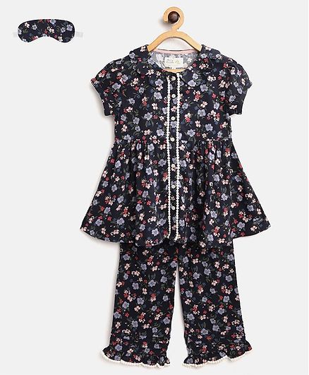 Cherry Crumble by Nitt Hyman Short Sleeves Flower Printed Night Suit With Sleeping Eye Mask - Navy Blue