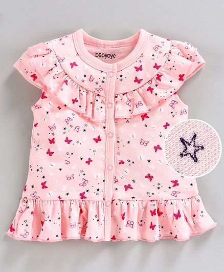 Babyoye Cotton Cap Sleeves Jhabla Vest Butterfly Print - Pink