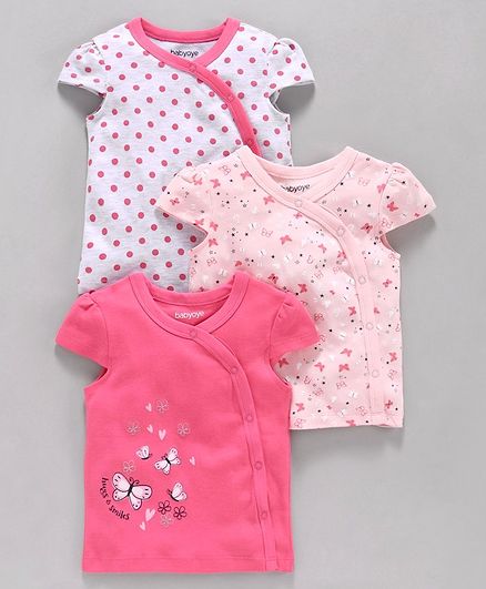 Babyoye Cap Sleeves Top Multi Print Pack of 3 - Pink