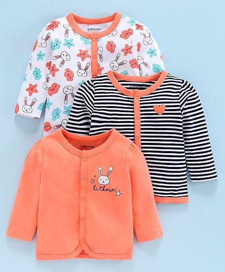 Babyoye Cotton Full Sleeves Vests Bunny Print Pack of 3 - Coral White Navy Blue