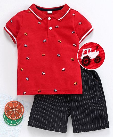Kookie Kids Half Sleeves Tee & Striped Shorts Car Print - Red Black