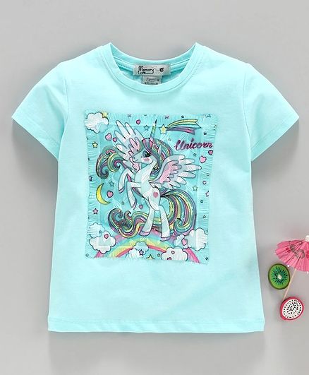 Memory Life Half Sleeves Tee Unicorn Print - Blue