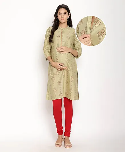 Kriti Three Fourth Sleeves Allover Print Kurta - Green