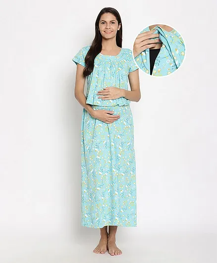 Kriti Half Sleeves Floral Printed Maternity Nighty - Blue